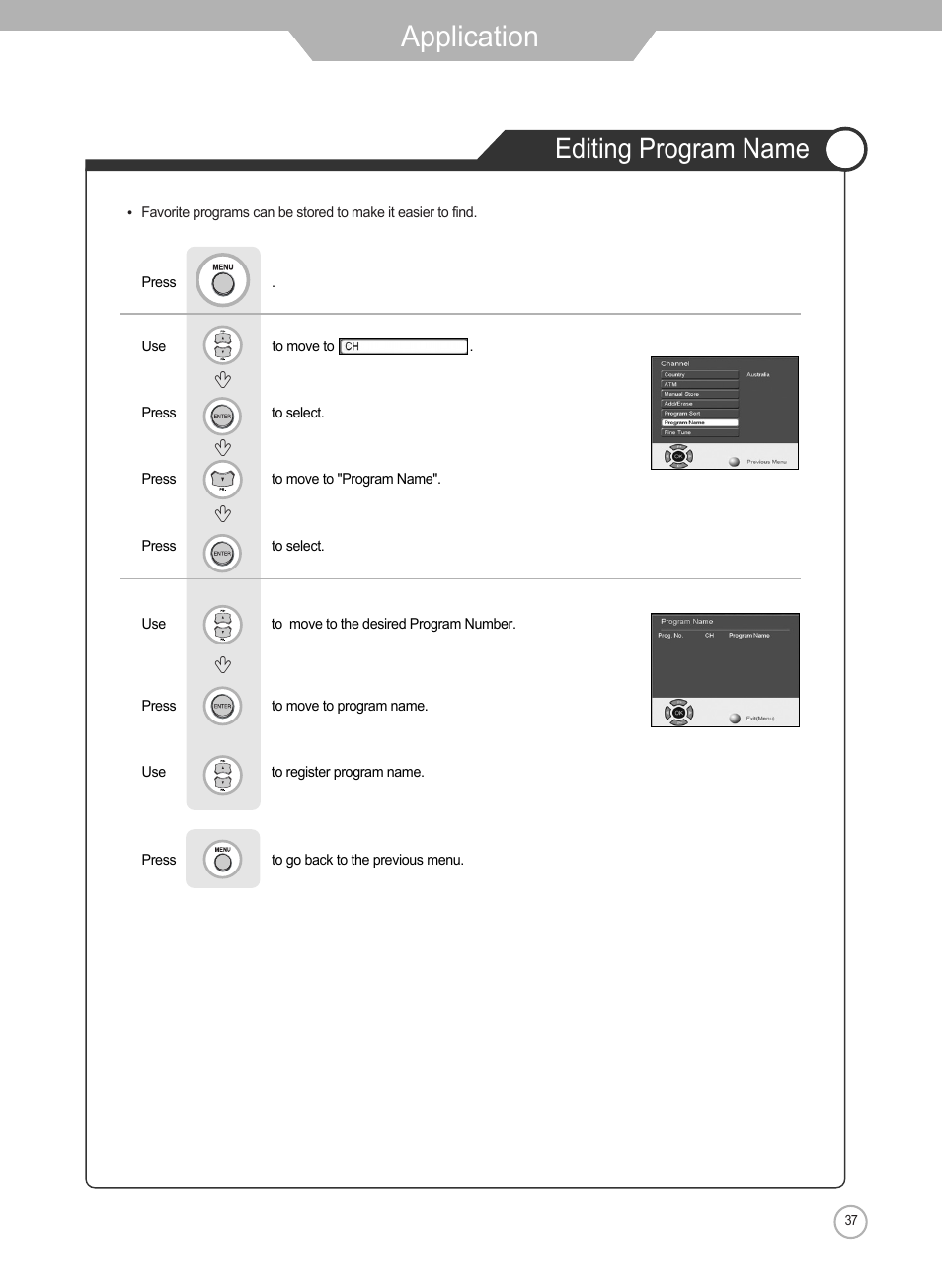 Application, Editing program name | Grundig Xentia LXW 102-8625 REF User Manual | Page 37 / 60