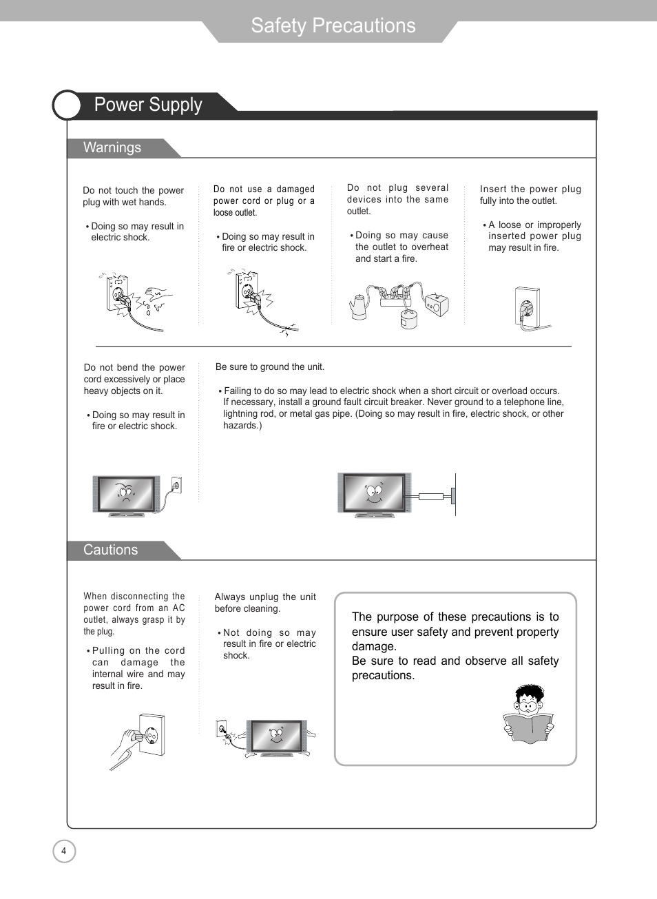 Safety precautions, Power supply, Cautions warnings | Grundig Xentia LXW 102-8625 REF User Manual | Page 4 / 60