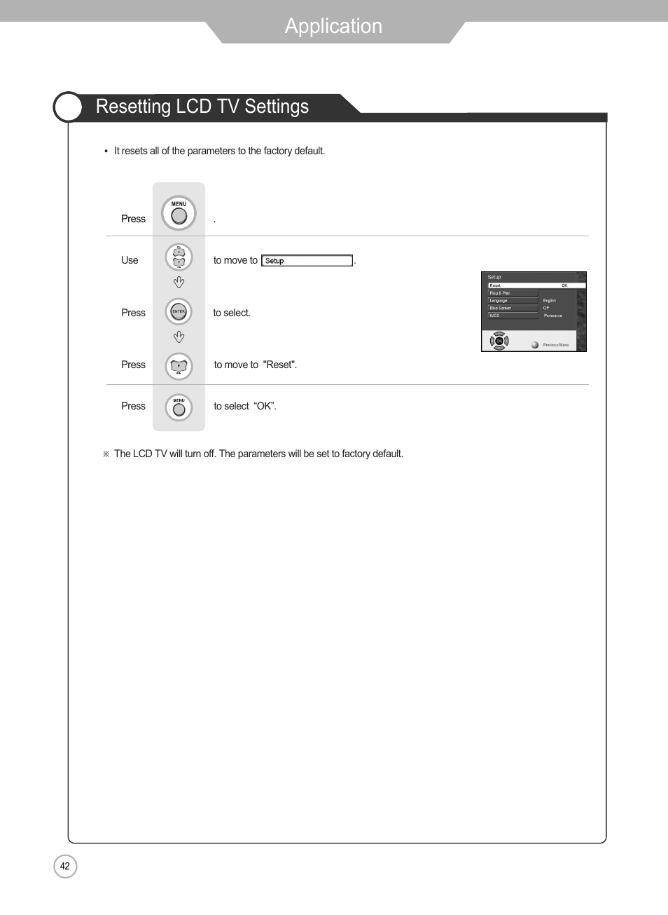 Application, Resetting lcd tv settings | Grundig Xentia LXW 102-8625 REF User Manual | Page 42 / 60