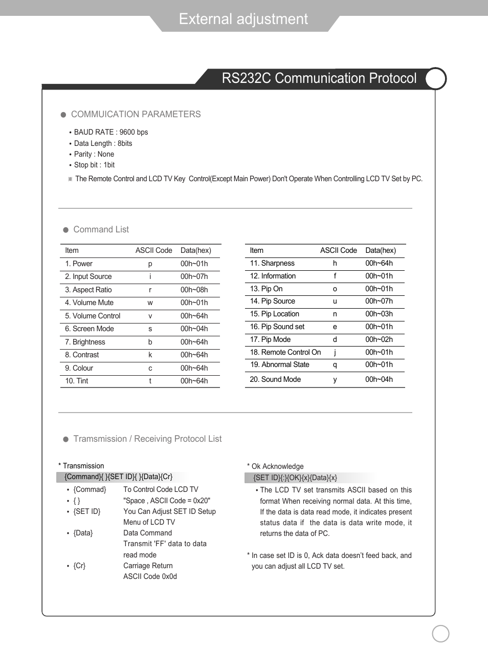 External adjustment, Rs232c communication protocol | Grundig Xentia LXW 102-8625 REF User Manual | Page 49 / 60