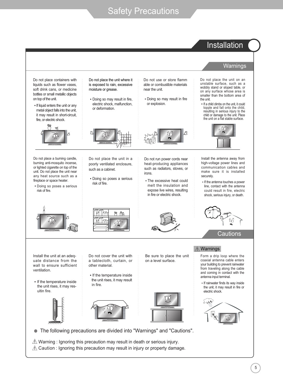 Safety precautions, Installation, Cautions | Warnings | Grundig Xentia LXW 102-8625 REF User Manual | Page 5 / 60