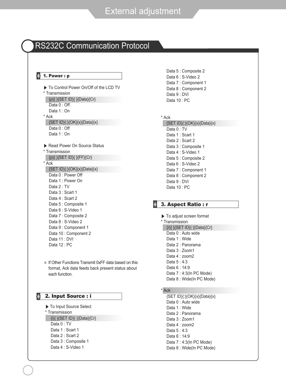 External adjustment, Rs232c communication protocol | Grundig Xentia LXW 102-8625 REF User Manual | Page 50 / 60