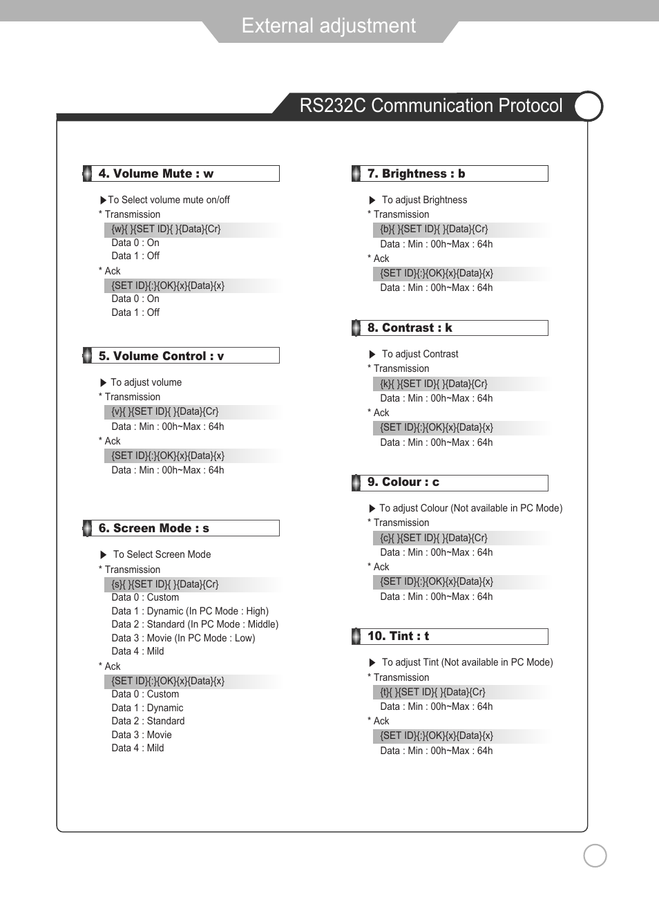 External adjustment, Rs232c communication protocol | Grundig Xentia LXW 102-8625 REF User Manual | Page 51 / 60