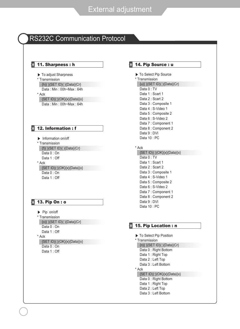 External adjustment, Rs232c communication protocol | Grundig Xentia LXW 102-8625 REF User Manual | Page 52 / 60