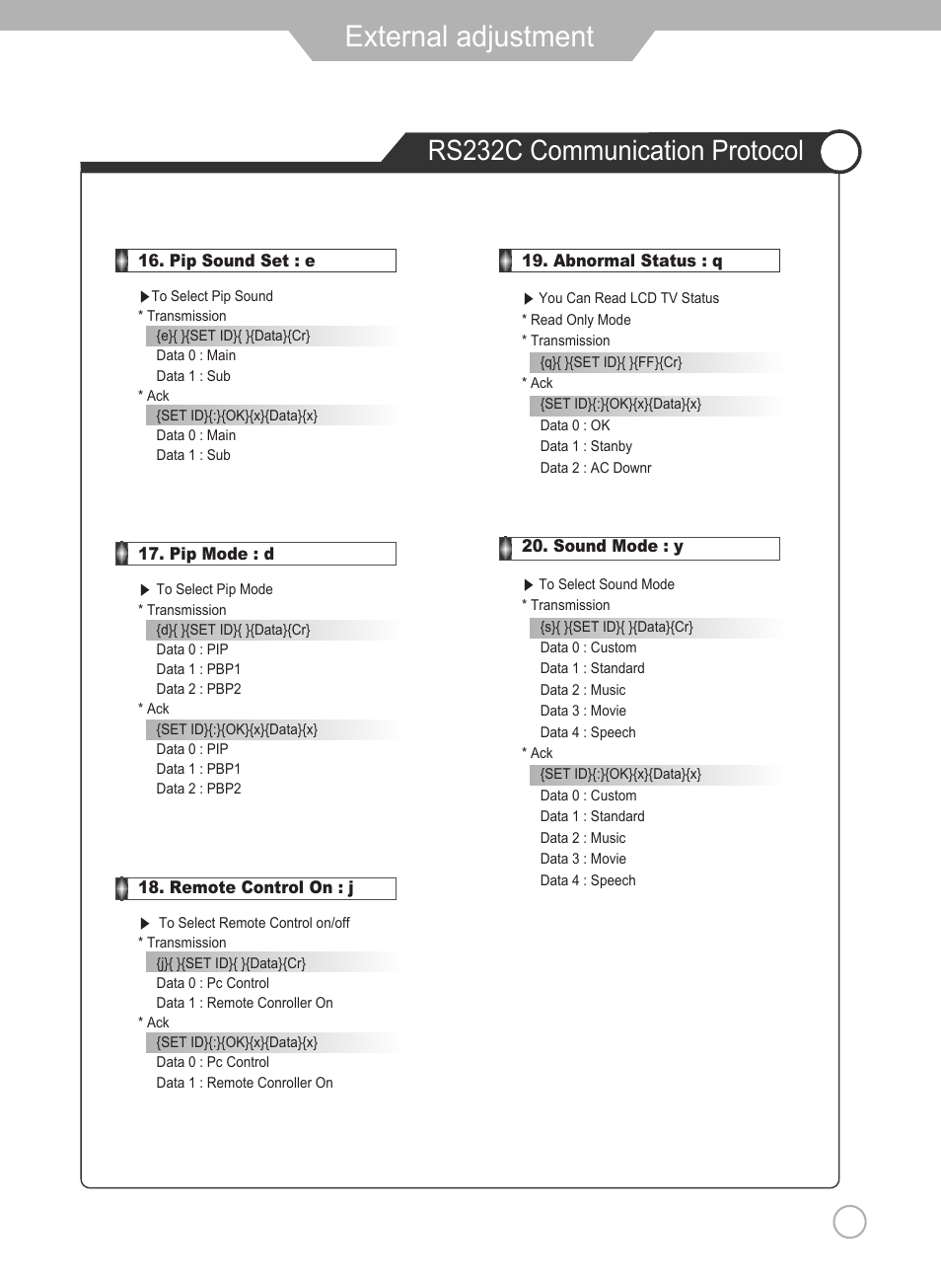 External adjustment, Rs232c communication protocol | Grundig Xentia LXW 102-8625 REF User Manual | Page 53 / 60