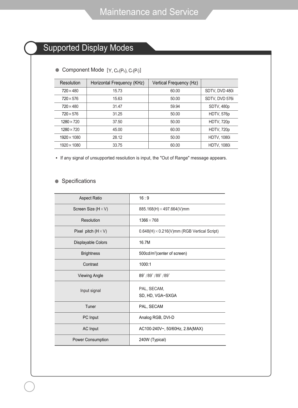 Maintenance and service, Supported display modes, Specifications | Grundig Xentia LXW 102-8625 REF User Manual | Page 56 / 60