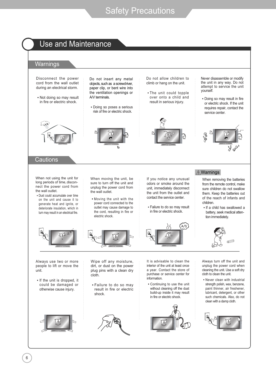Safety precautions, Use and maintenance, Warnings cautions | Grundig Xentia LXW 102-8625 REF User Manual | Page 6 / 60