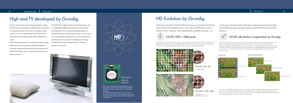 Gr_hd_evolution_int_innen, Hd evolution by grundig, High-end tv developed by grundig | Full hd with motion compensation by grundig, Discover the future of television | Grundig Flat Panel Television User Manual | Page 2 / 11