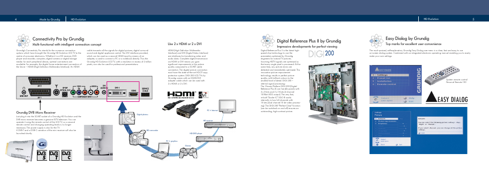 Connectivity pro by grundig, Digital reference plus ii by grundig, Easy dialog by grundig | Impressive developments for perfect viewing, Grundig dvb micro receiver, Top marks for excellent user-convenience, Use 2 x hdmi or 2 x dvi | Grundig Flat Panel Television User Manual | Page 3 / 11