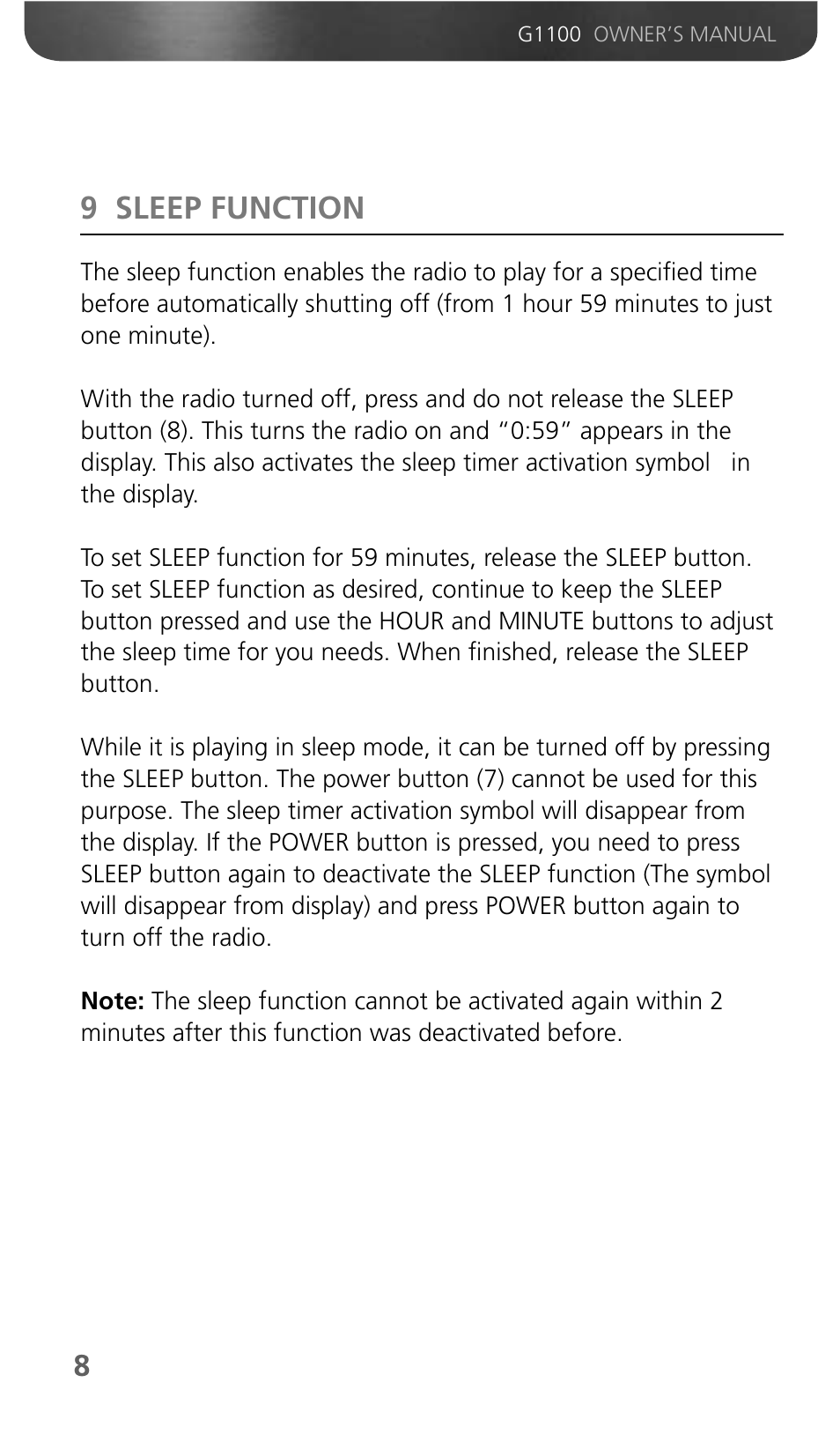9 sleep function | Grundig GMINI 300PEAM User Manual | Page 10 / 19