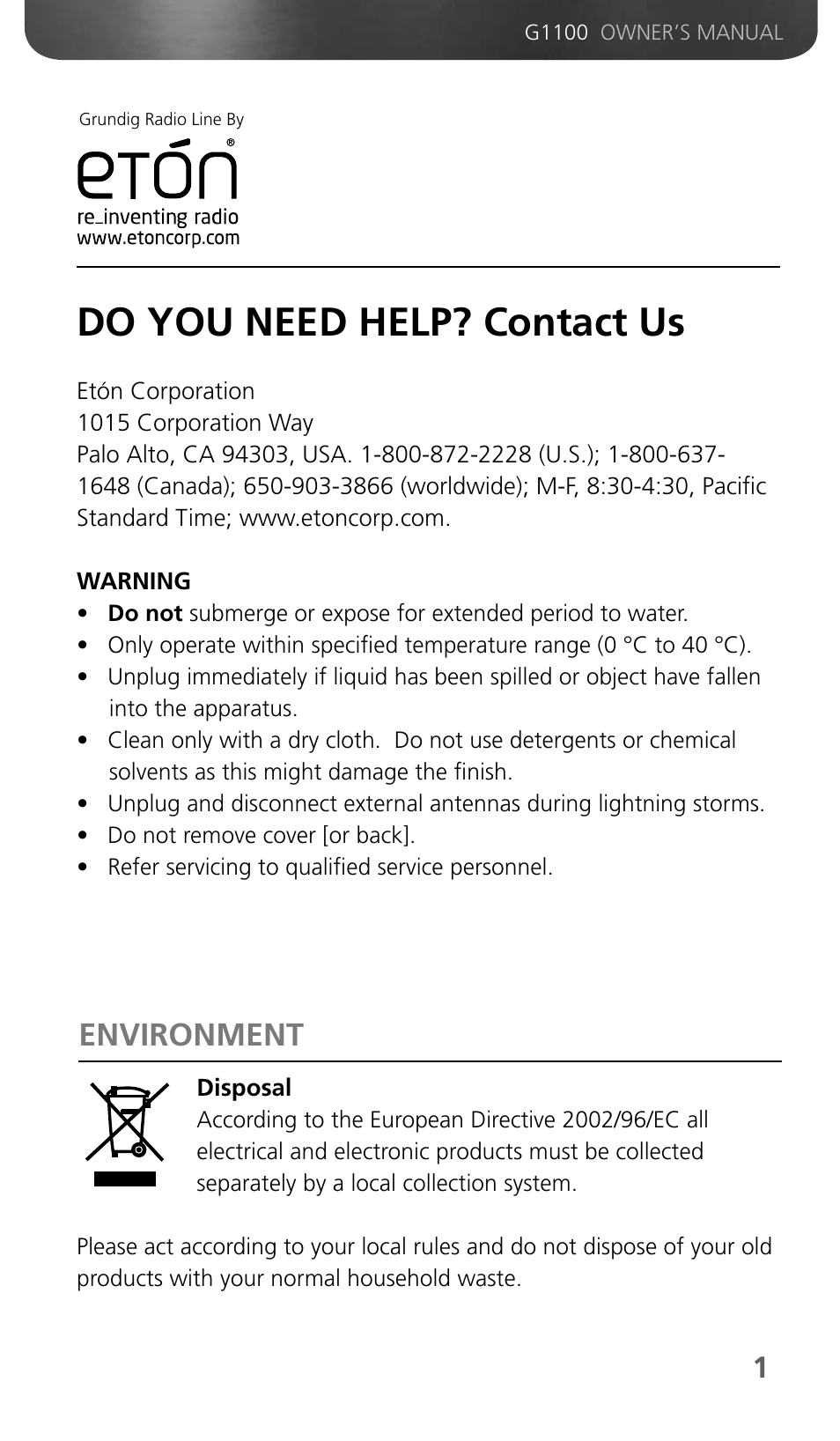 Do you need help? contact us, Environment | Grundig GMINI 300PEAM User Manual | Page 3 / 19