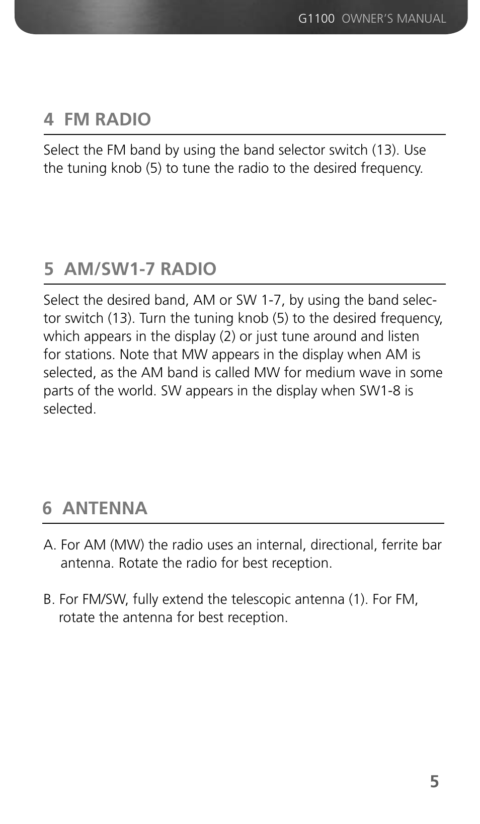4 fm radio 5 am/sw1-7 radio, 6 antenna | Grundig GMINI 300PEAM User Manual | Page 7 / 19