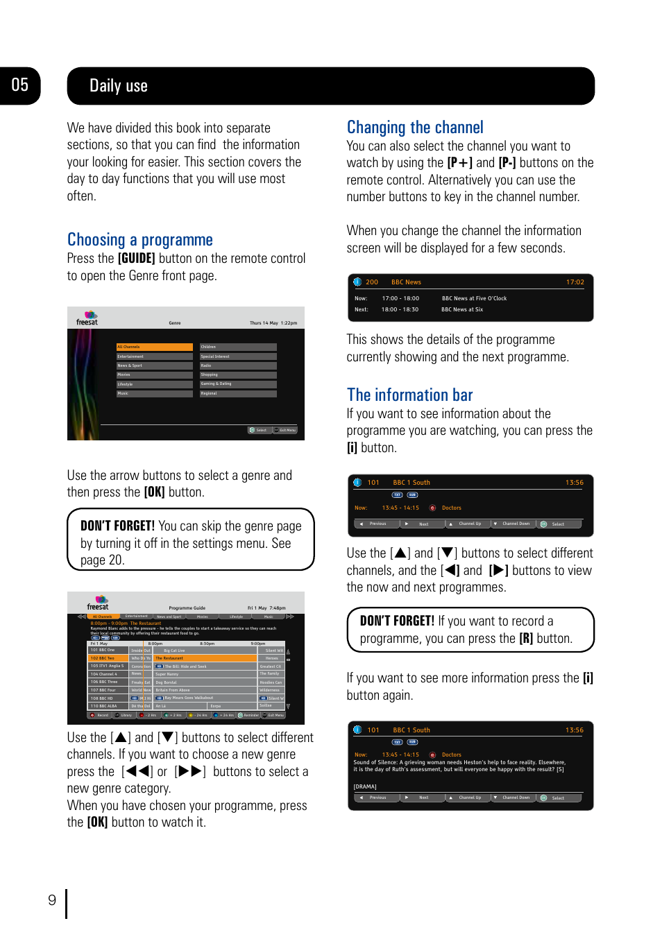 Daily use, Choosing a programme, Changing the channel | The information bar | Grundig DVR User Manual | Page 10 / 32