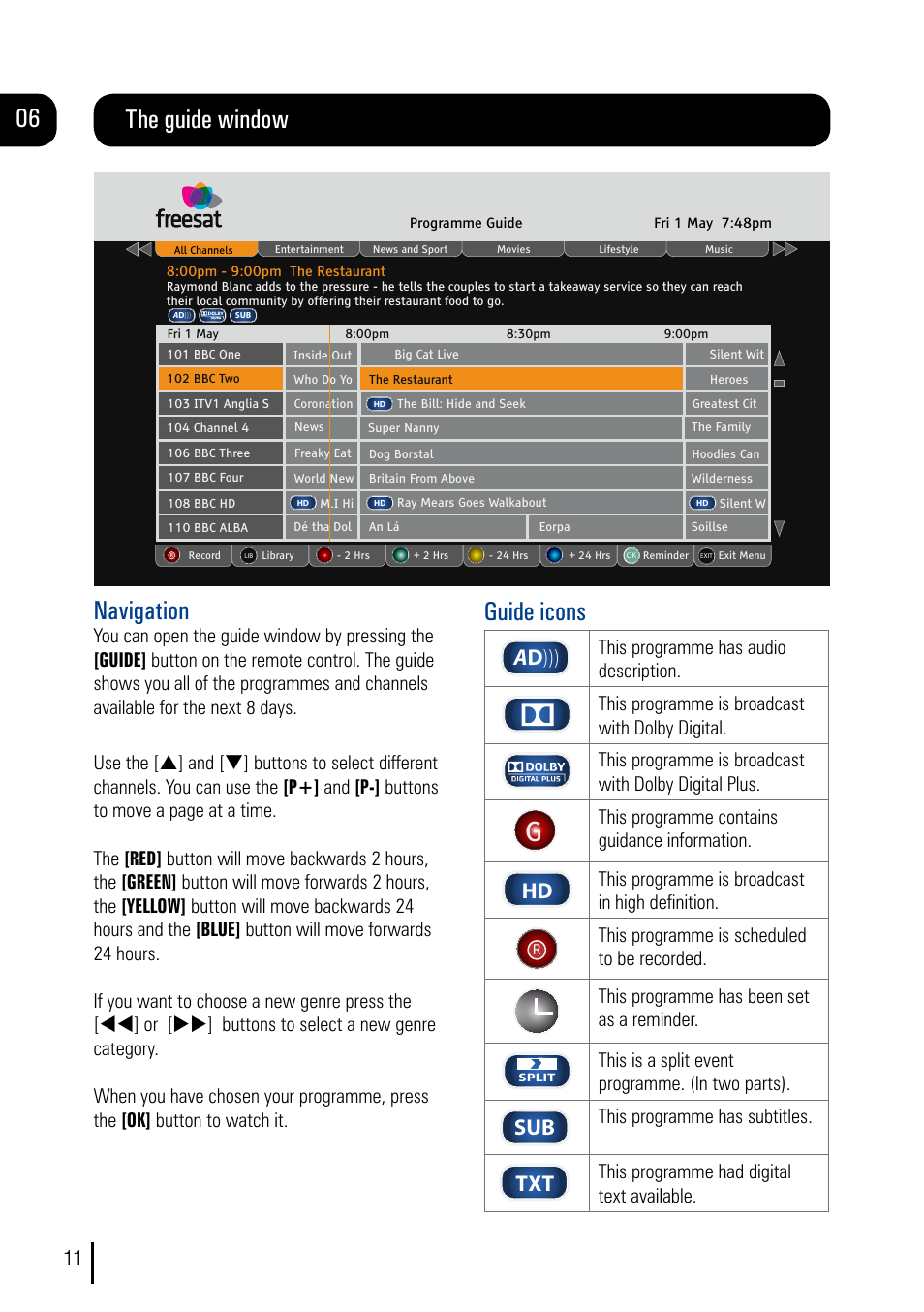 The guide window navigation, Guide icons, A d ))) | This programme contains guidance information, This programme is broadcast in high definition, This is a split event programme. (in two parts), This programme has subtitles, This programme had digital text available | Grundig DVR User Manual | Page 12 / 32