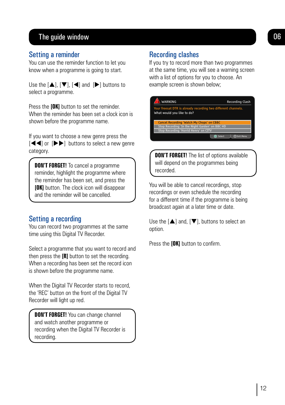 The guide window setting a reminder, Setting a recording, Recording clashes | Grundig DVR User Manual | Page 13 / 32