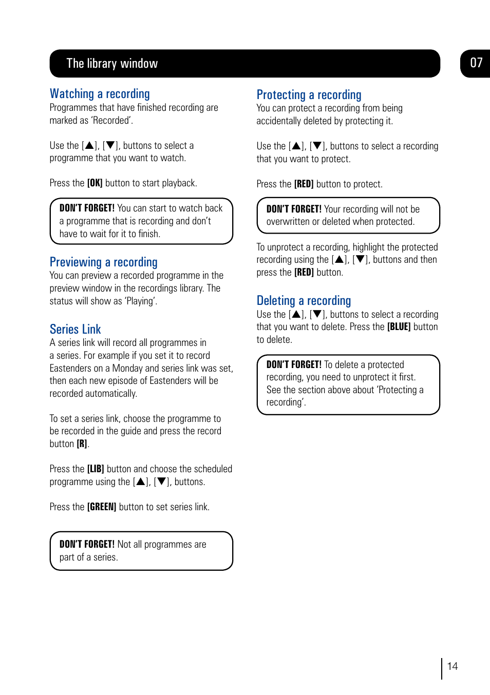 The library window watching a recording, Previewing a recording, Series link | Protecting a recording, Deleting a recording | Grundig DVR User Manual | Page 15 / 32