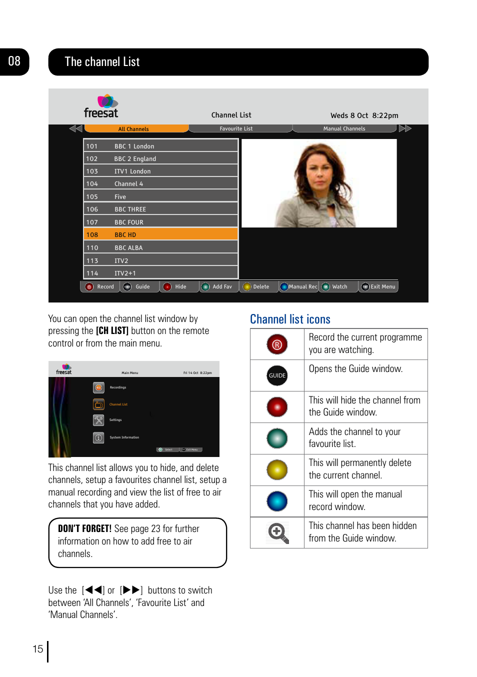 The channel list, Channel list icons, Record the current programme you are watching | Grundig DVR User Manual | Page 16 / 32