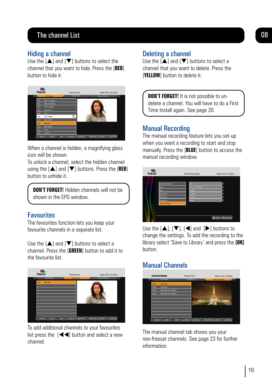 The channel list, 08 hiding a channel, Favourites | Deleting a channel, Manual recording, Manual channels | Grundig DVR User Manual | Page 17 / 32
