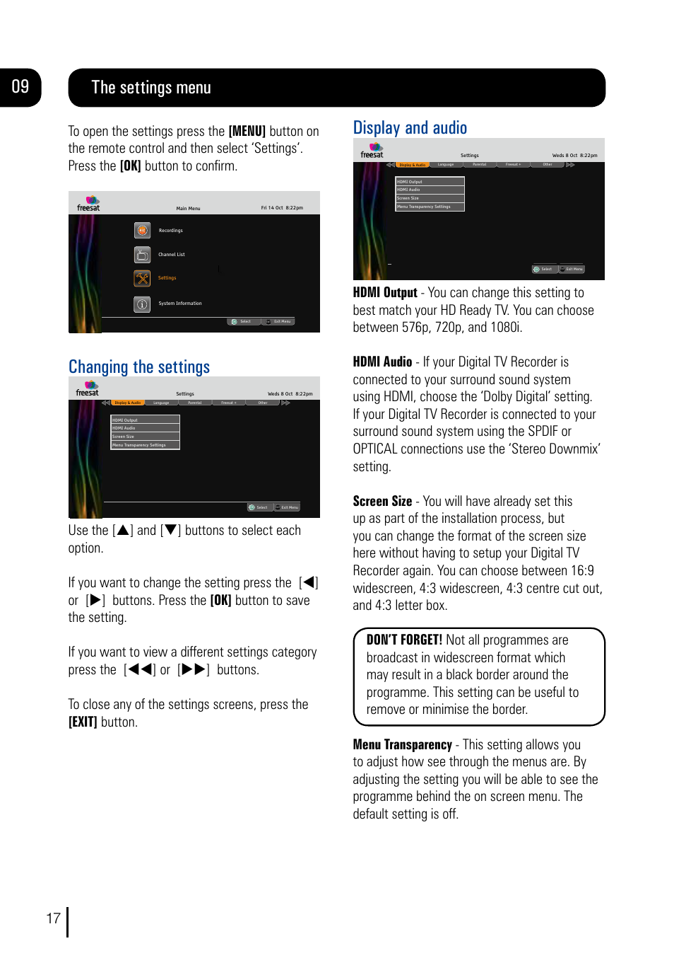 Display and audio, The settings menu, Changing the settings | Grundig DVR User Manual | Page 18 / 32