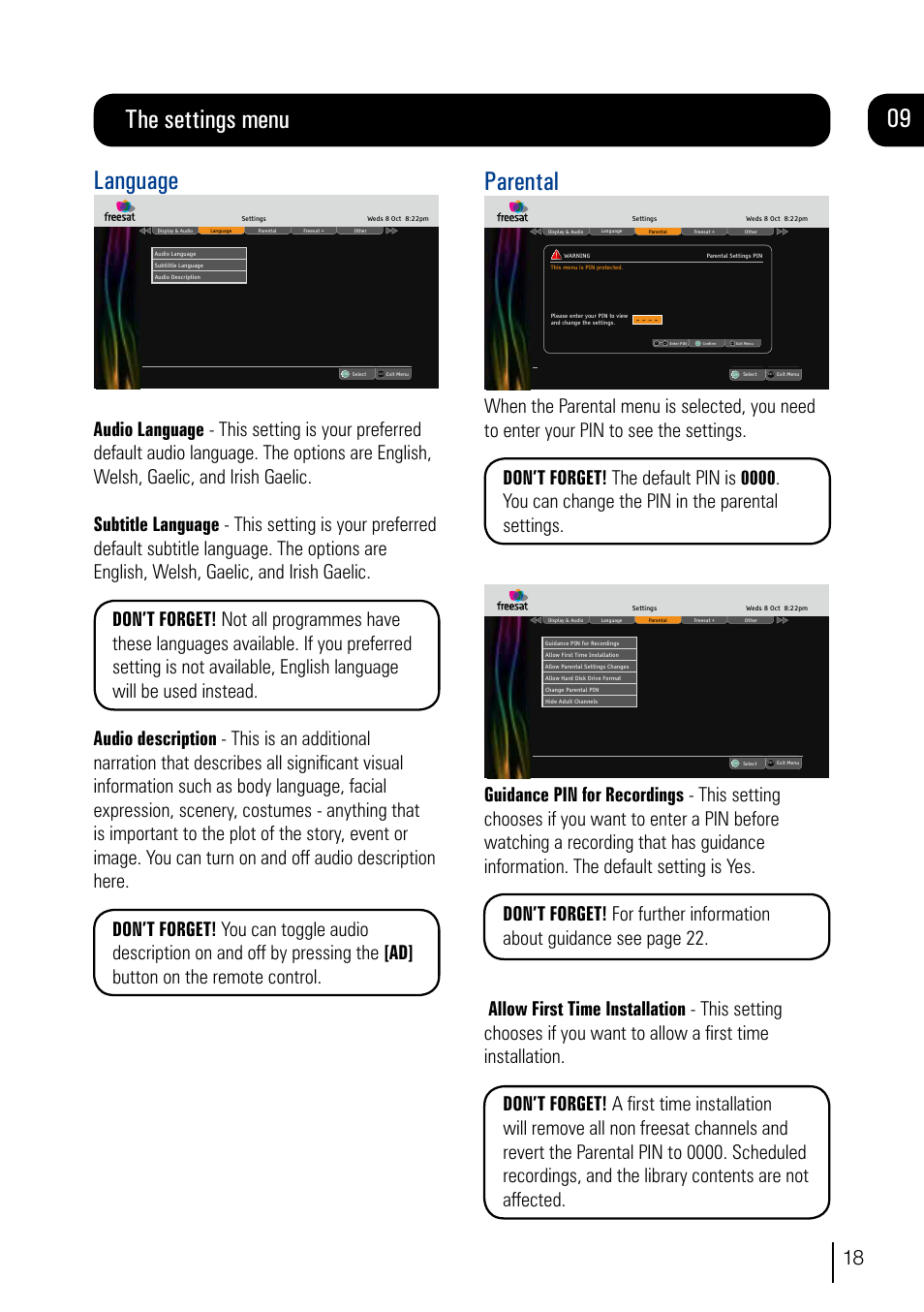 Parental, Language, The settings menu 09 | Exit, Wxyz | Grundig DVR User Manual | Page 19 / 32