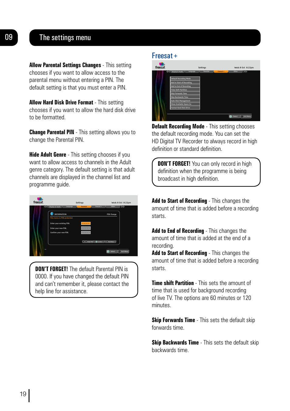 The settings menu 09 freesat, Exit, Wxyz | Grundig DVR User Manual | Page 20 / 32