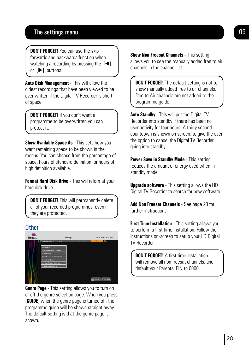 The settings menu, Other | Grundig DVR User Manual | Page 21 / 32