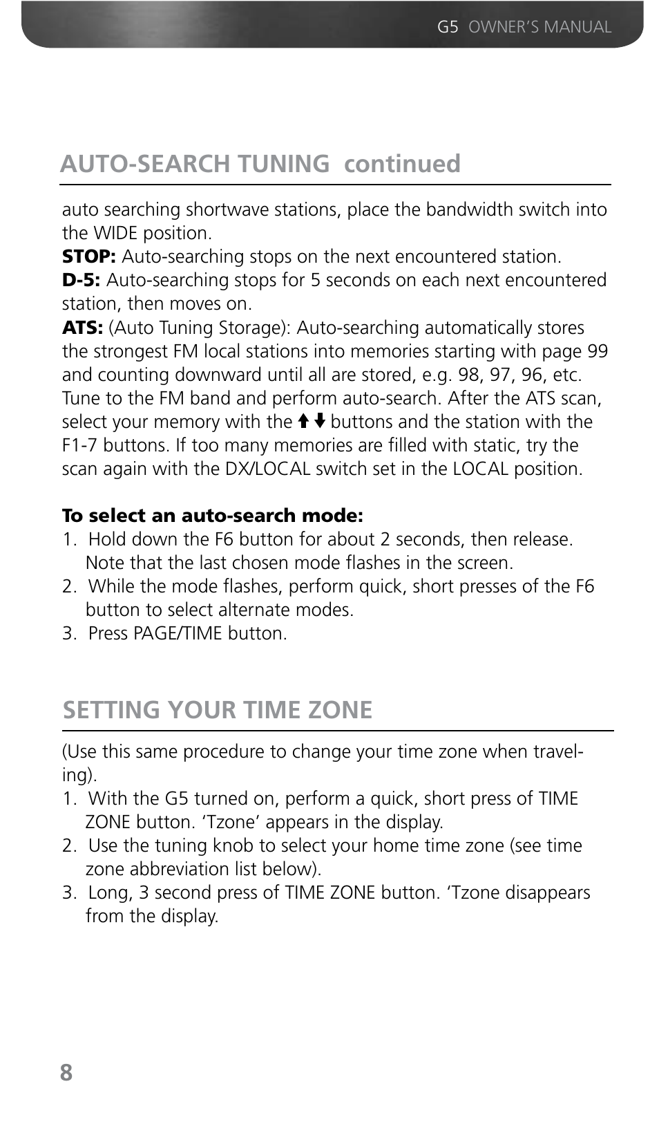 Auto-search tuning continued, Setting your time zone | Grundig G5 User Manual | Page 10 / 64