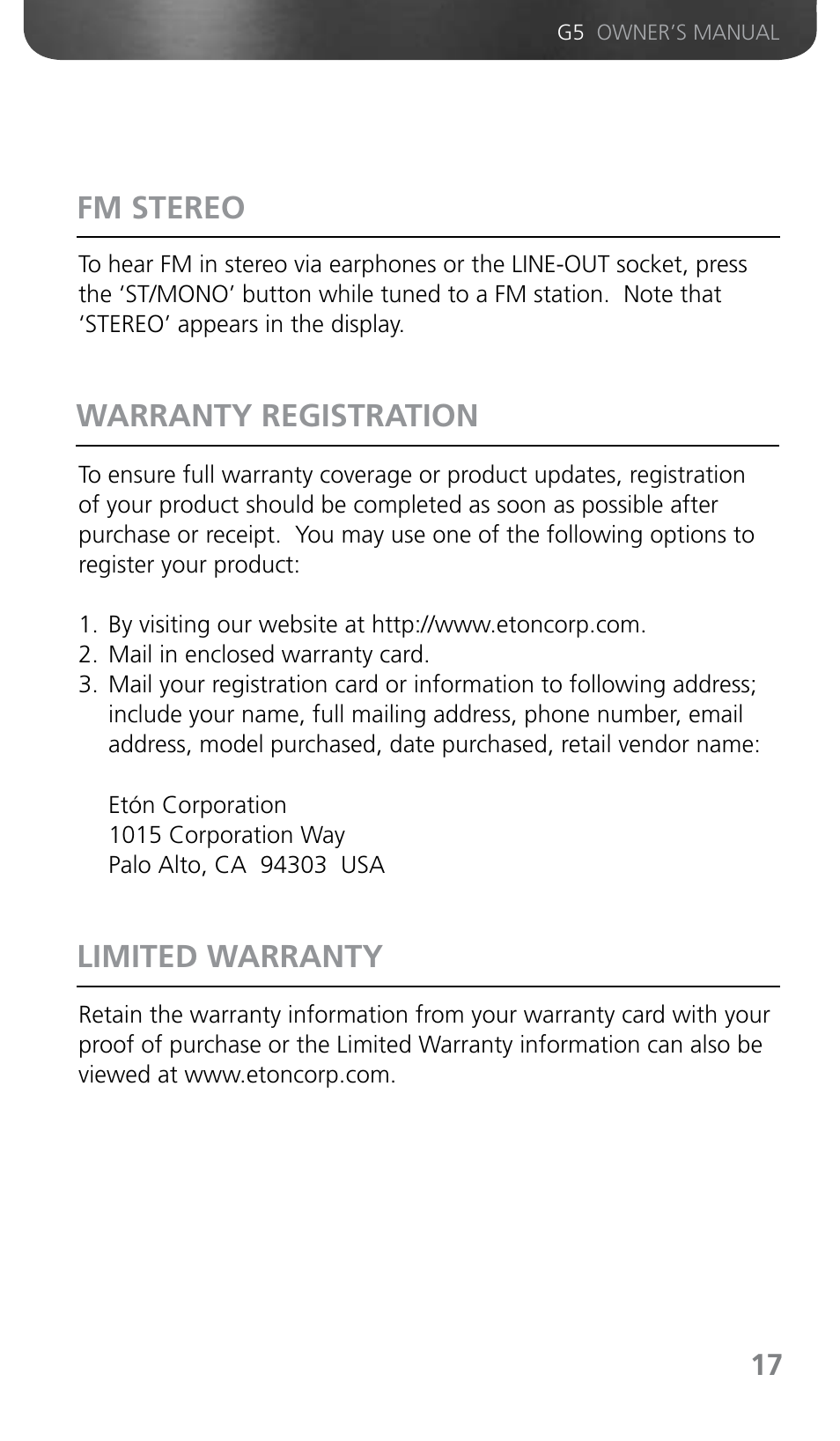 Fm stereo warranty registration limited warranty | Grundig G5 User Manual | Page 19 / 64