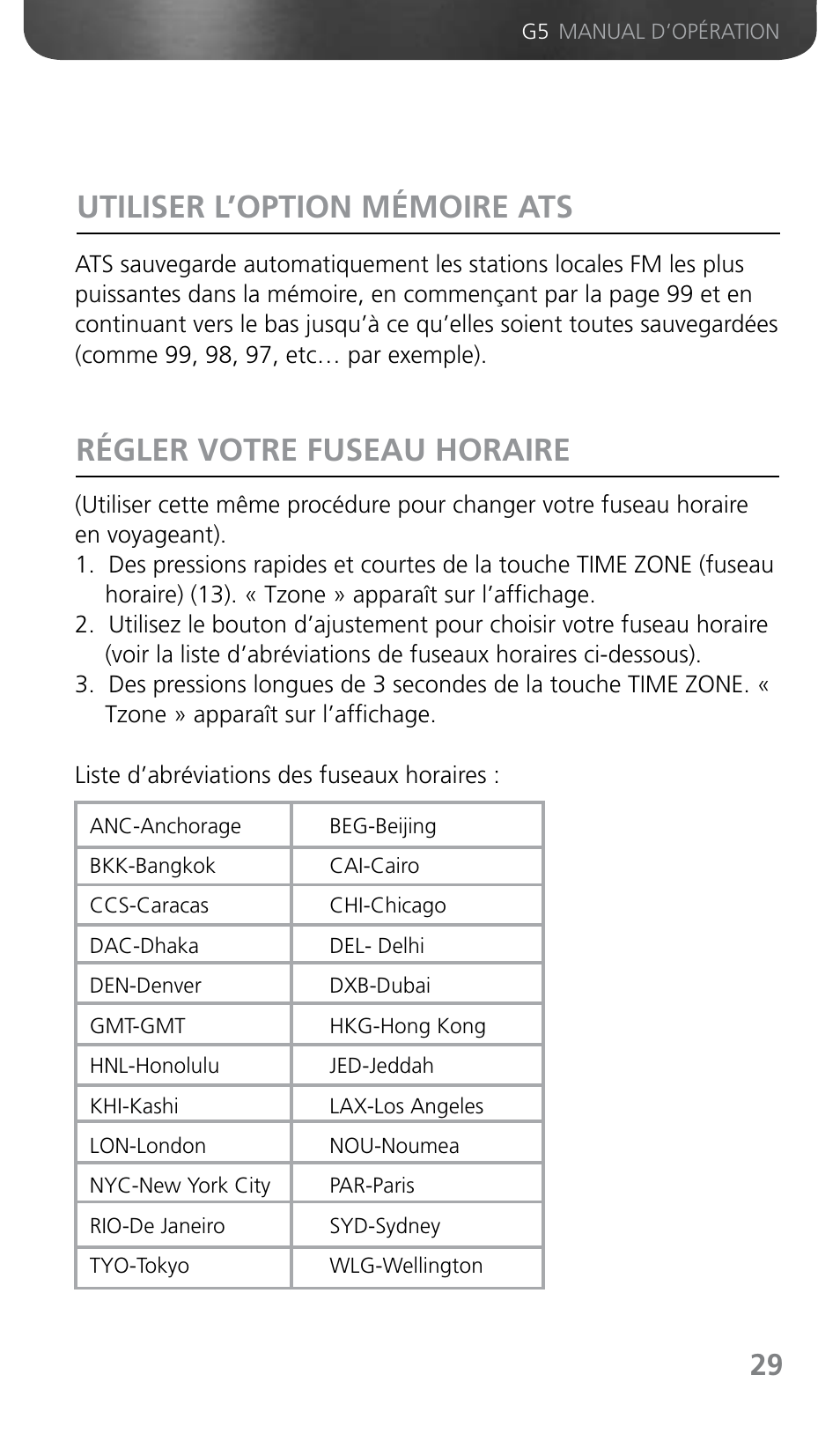 Utiliser l’option mémoire ats, Régler votre fuseau horaire | Grundig G5 User Manual | Page 31 / 64