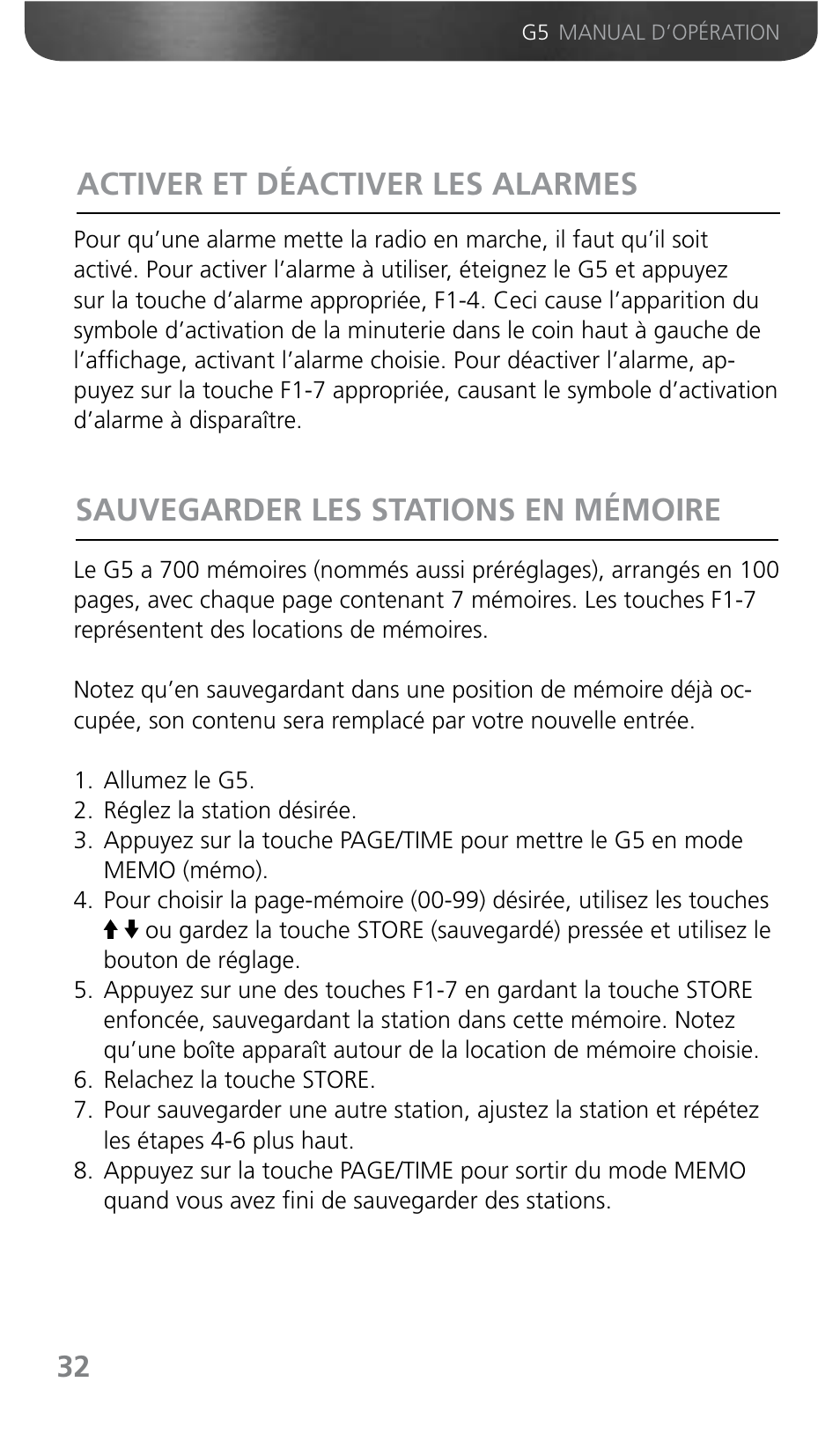 Activer et déactiver les alarmes, Sauvegarder les stations en mémoire | Grundig G5 User Manual | Page 34 / 64