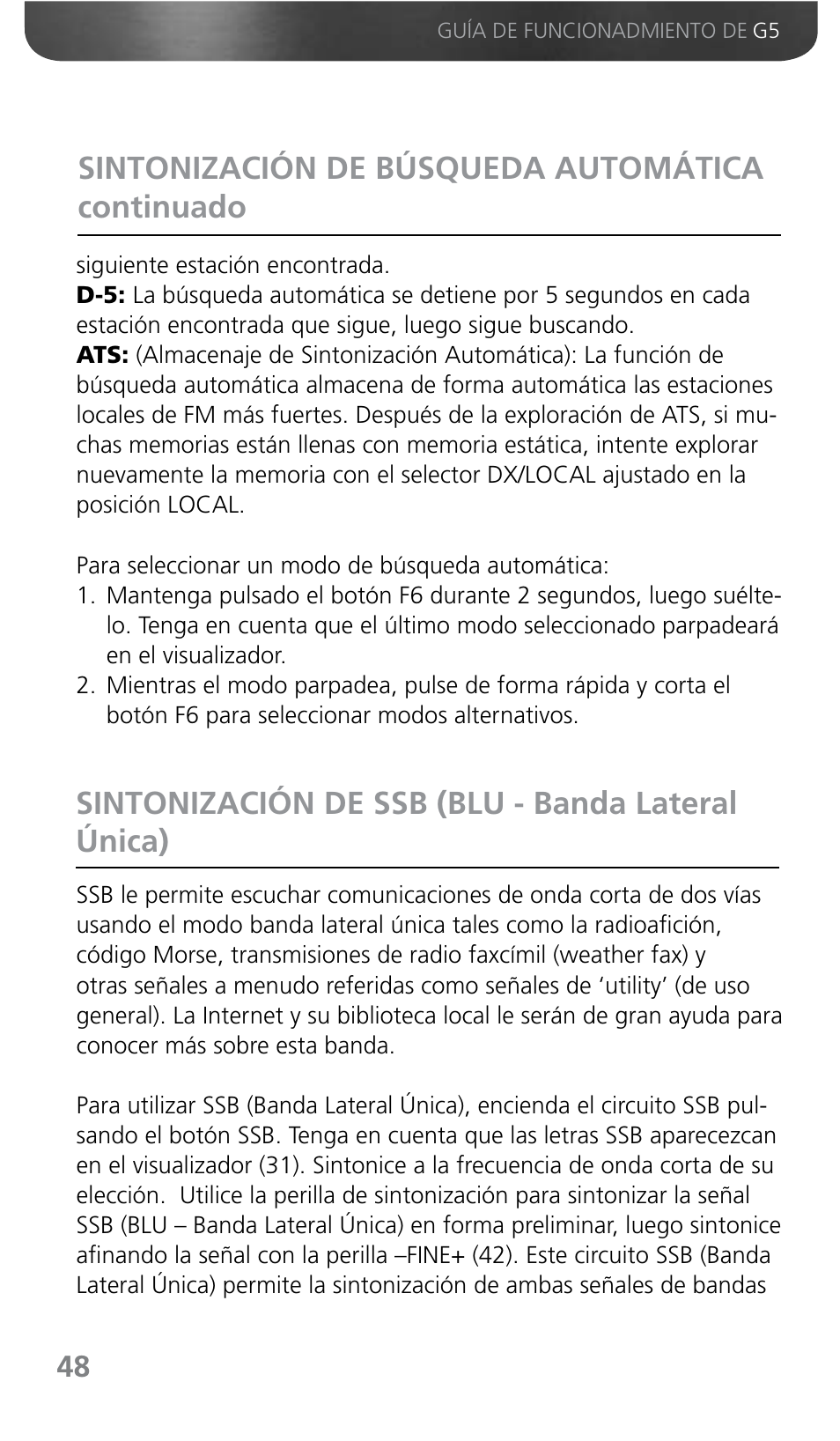 Sintonización de búsqueda automática continuado, Sintonización de ssb (blu - banda lateral única) | Grundig G5 User Manual | Page 50 / 64