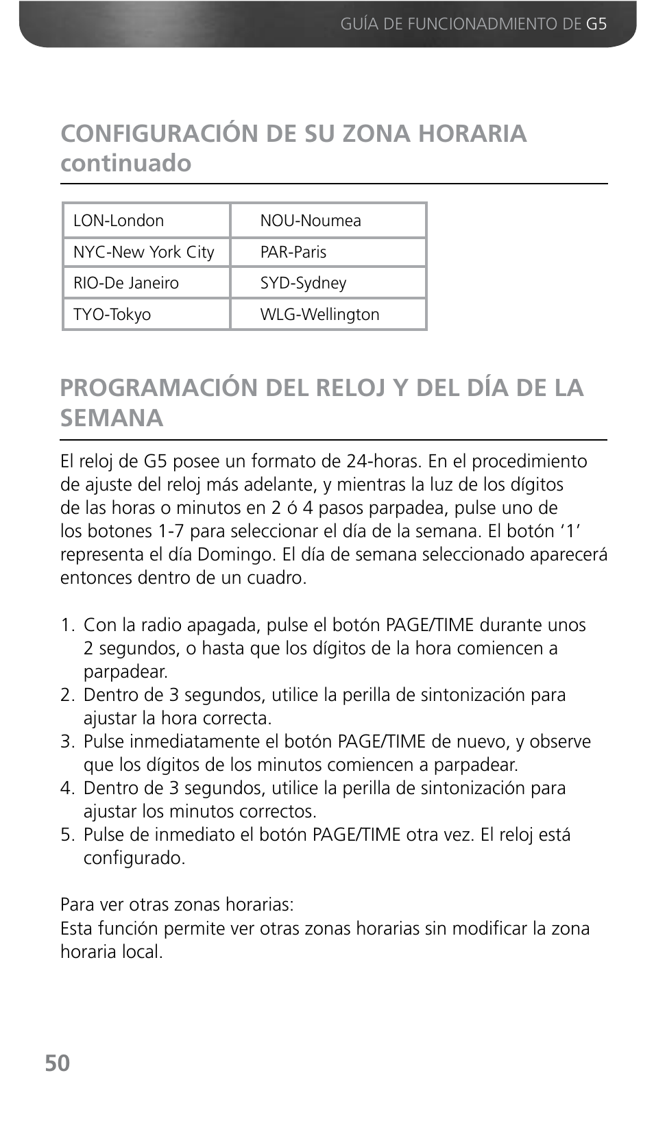 Configuración de su zona horaria continuado, Programación del reloj y del día de la semana | Grundig G5 User Manual | Page 52 / 64