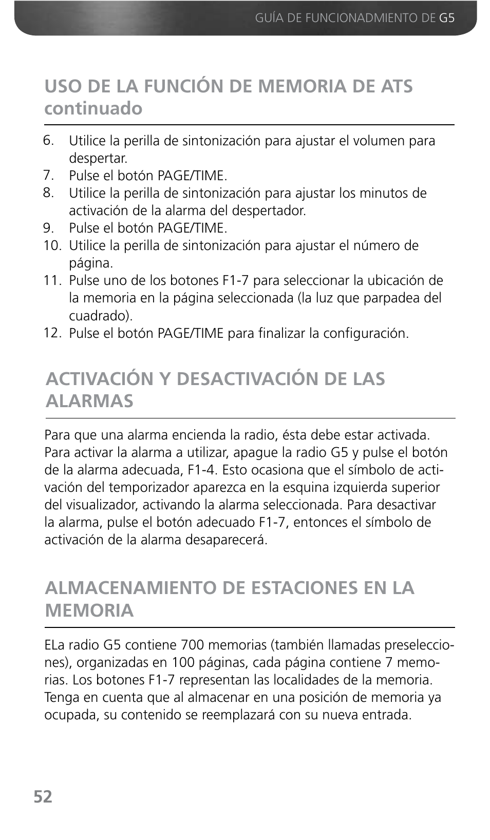 Activación y desactivación de las alarmas | Grundig G5 User Manual | Page 54 / 64