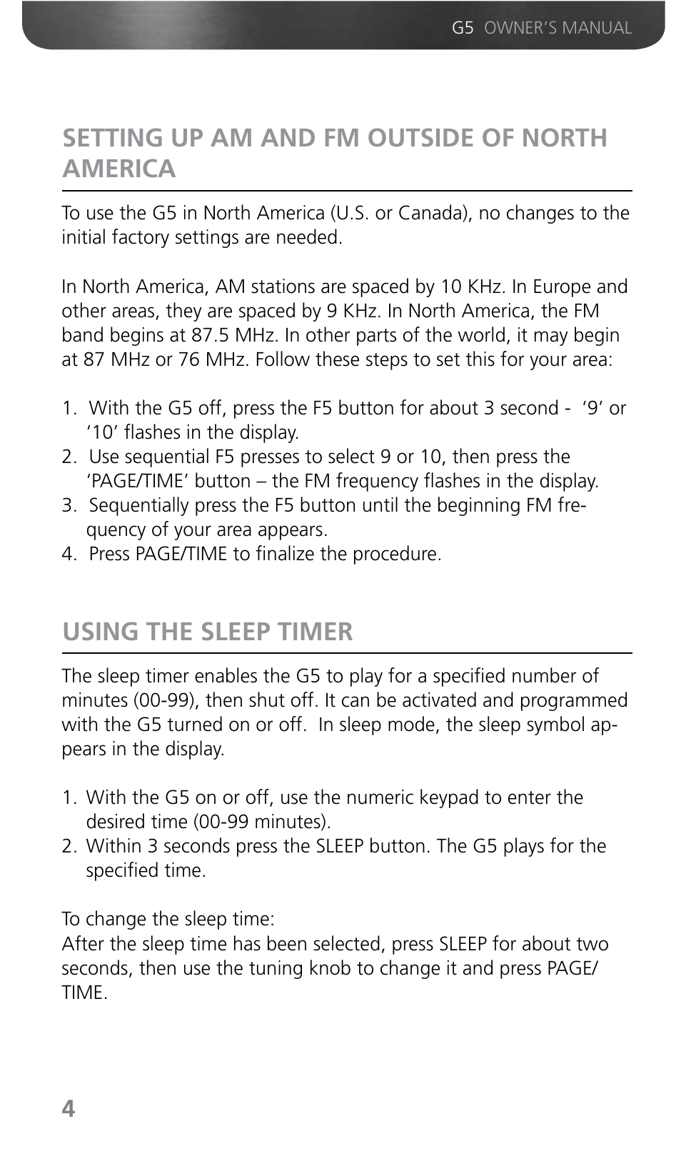 Setting up am and fm outside of north america, Using the sleep timer | Grundig G5 User Manual | Page 6 / 64