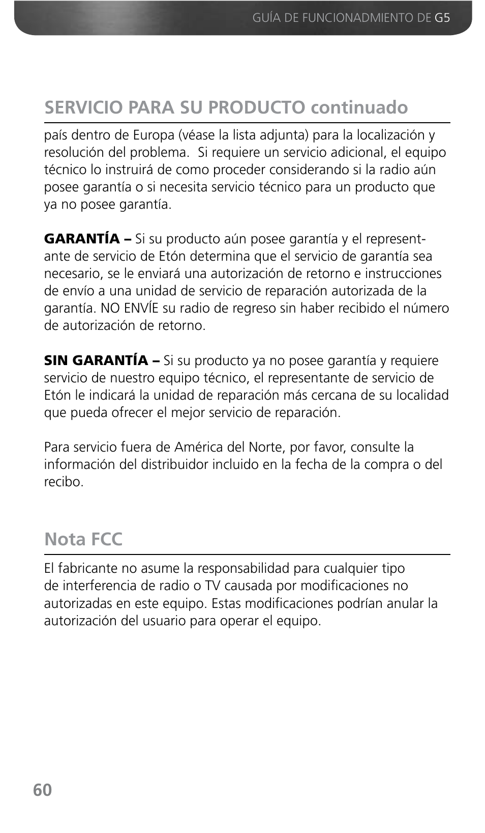 Servicio para su producto continuado nota fcc | Grundig G5 User Manual | Page 62 / 64