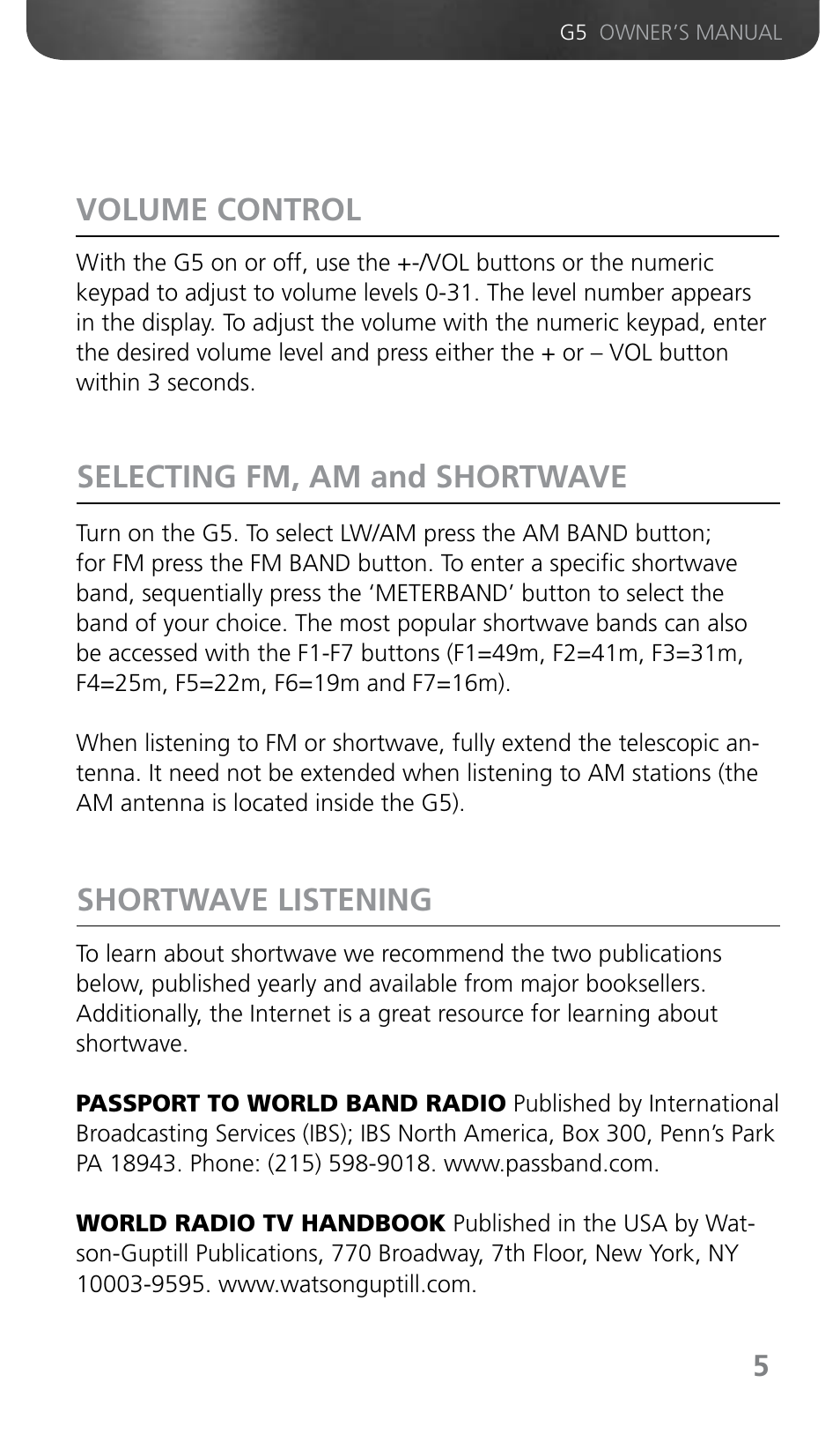 Volume control, Selecting fm, am and shortwave shortwave listening | Grundig G5 User Manual | Page 7 / 64