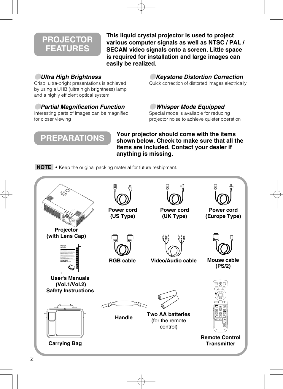 Preparations, Projector features, Ultra high brightness | Partial magnification function, Keystone distortion correction, Whisper mode equipped | Grundig CP-X385W User Manual | Page 2 / 30