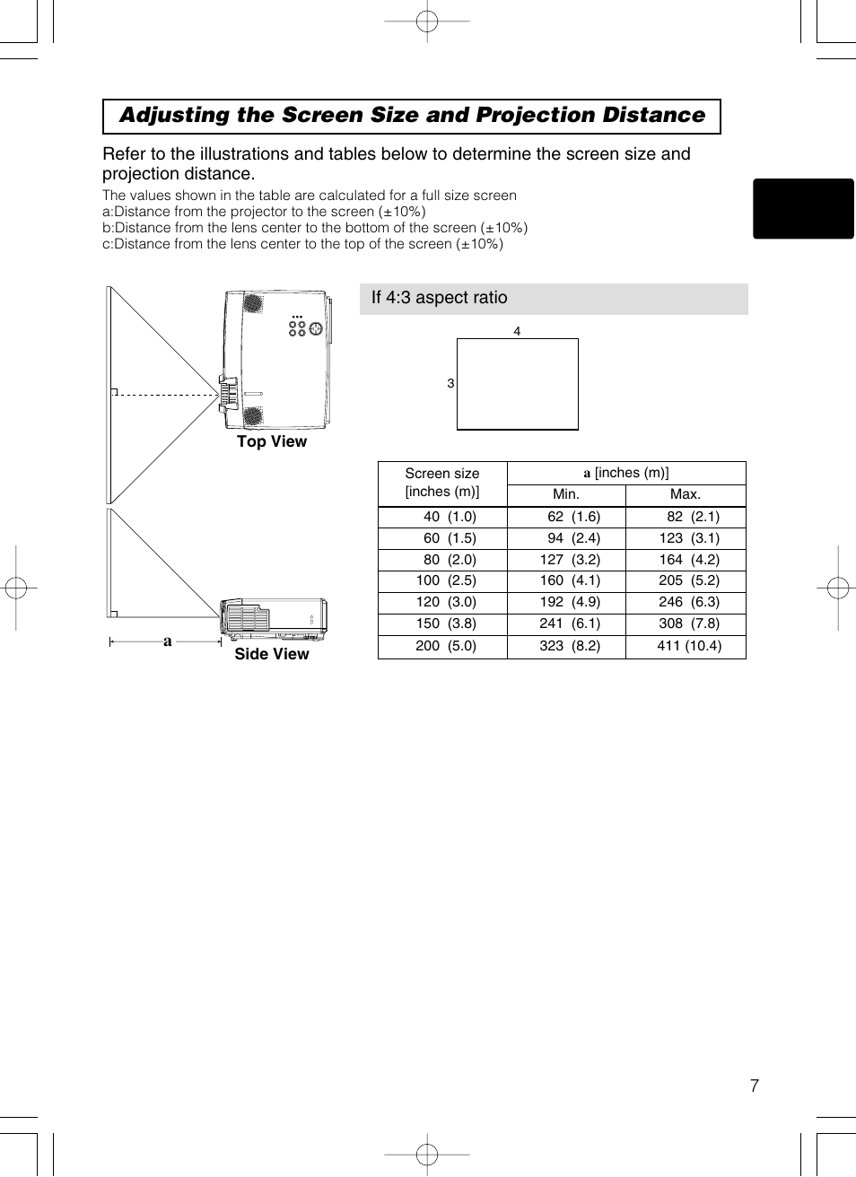 Adjusting the screen size and projection distance | Grundig CP-X385W User Manual | Page 7 / 30