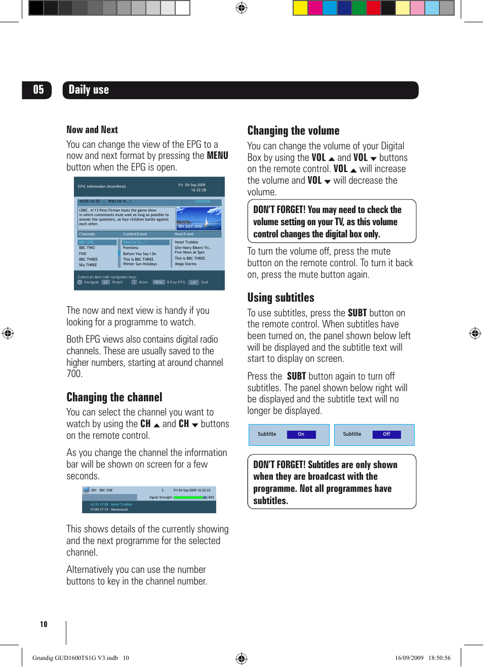 Daily use, Changing the channel, Changing the volume | Using subtitles | Grundig GUD1600TS1G User Manual | Page 10 / 24