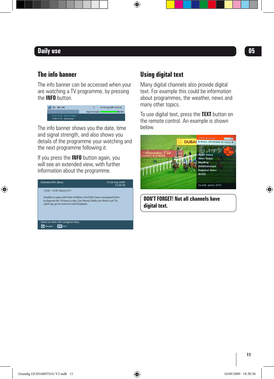 Daily use the info banner, Using digital text | Grundig GUD1600TS1G User Manual | Page 11 / 24