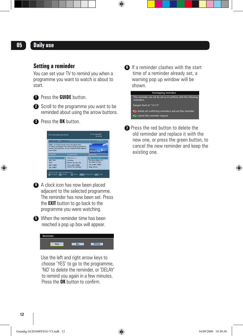 05 daily use setting a reminder, Press the guide button, Press the ok button | Grundig GUD1600TS1G User Manual | Page 12 / 24