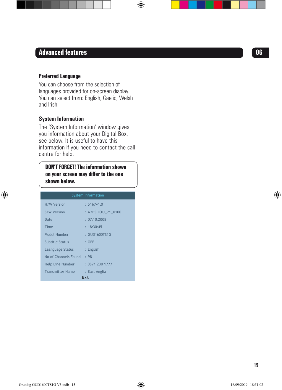 Advanced features | Grundig GUD1600TS1G User Manual | Page 15 / 24