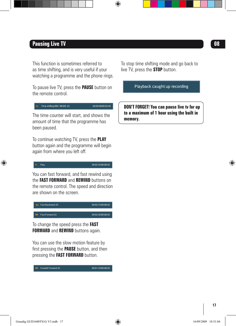 Pausing live tv 08 | Grundig GUD1600TS1G User Manual | Page 17 / 24