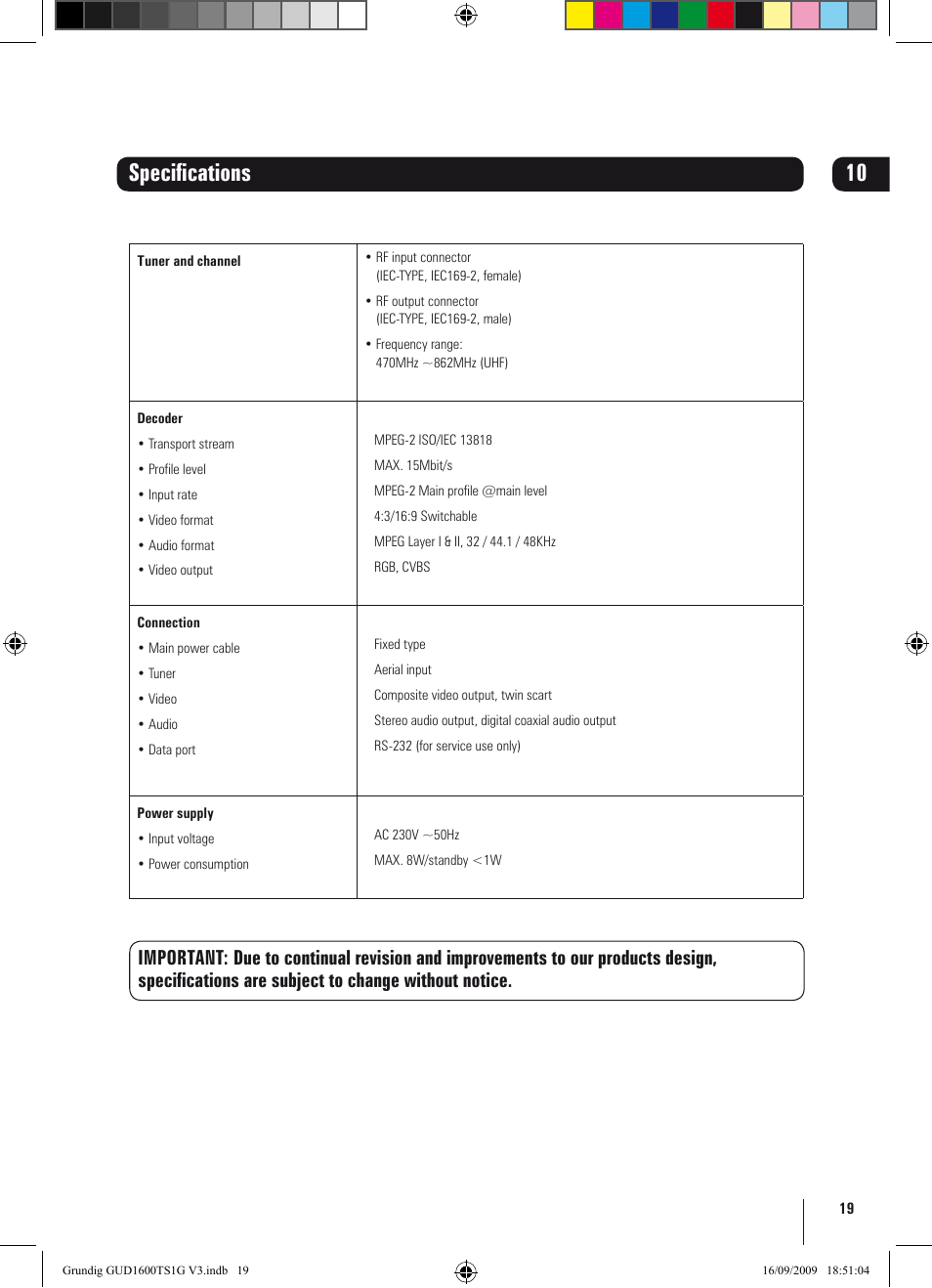 Specifications | Grundig GUD1600TS1G User Manual | Page 19 / 24