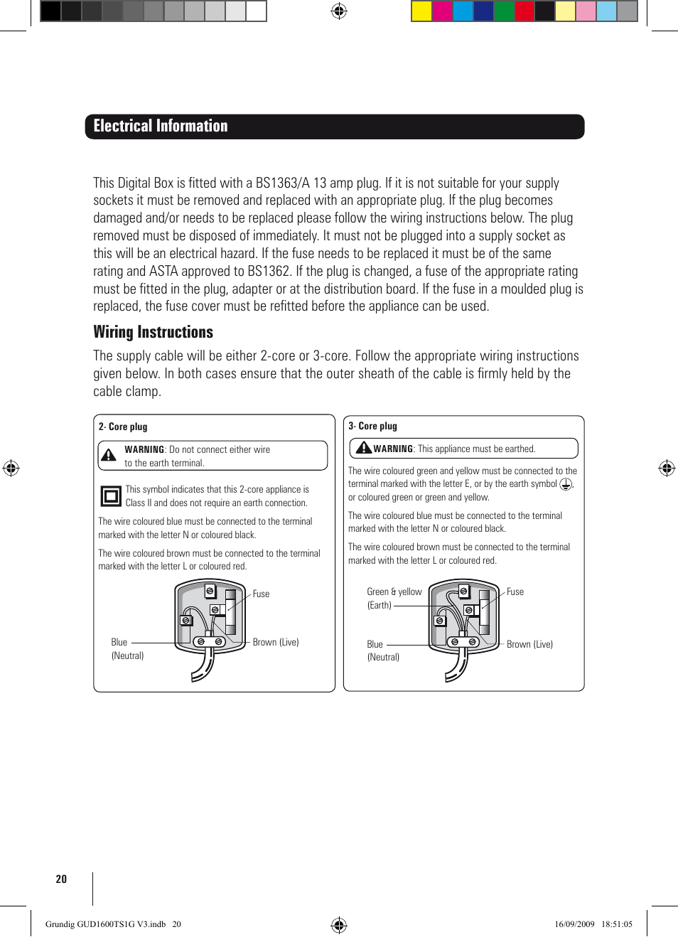 Electrical information, Wiring instructions | Grundig GUD1600TS1G User Manual | Page 20 / 24