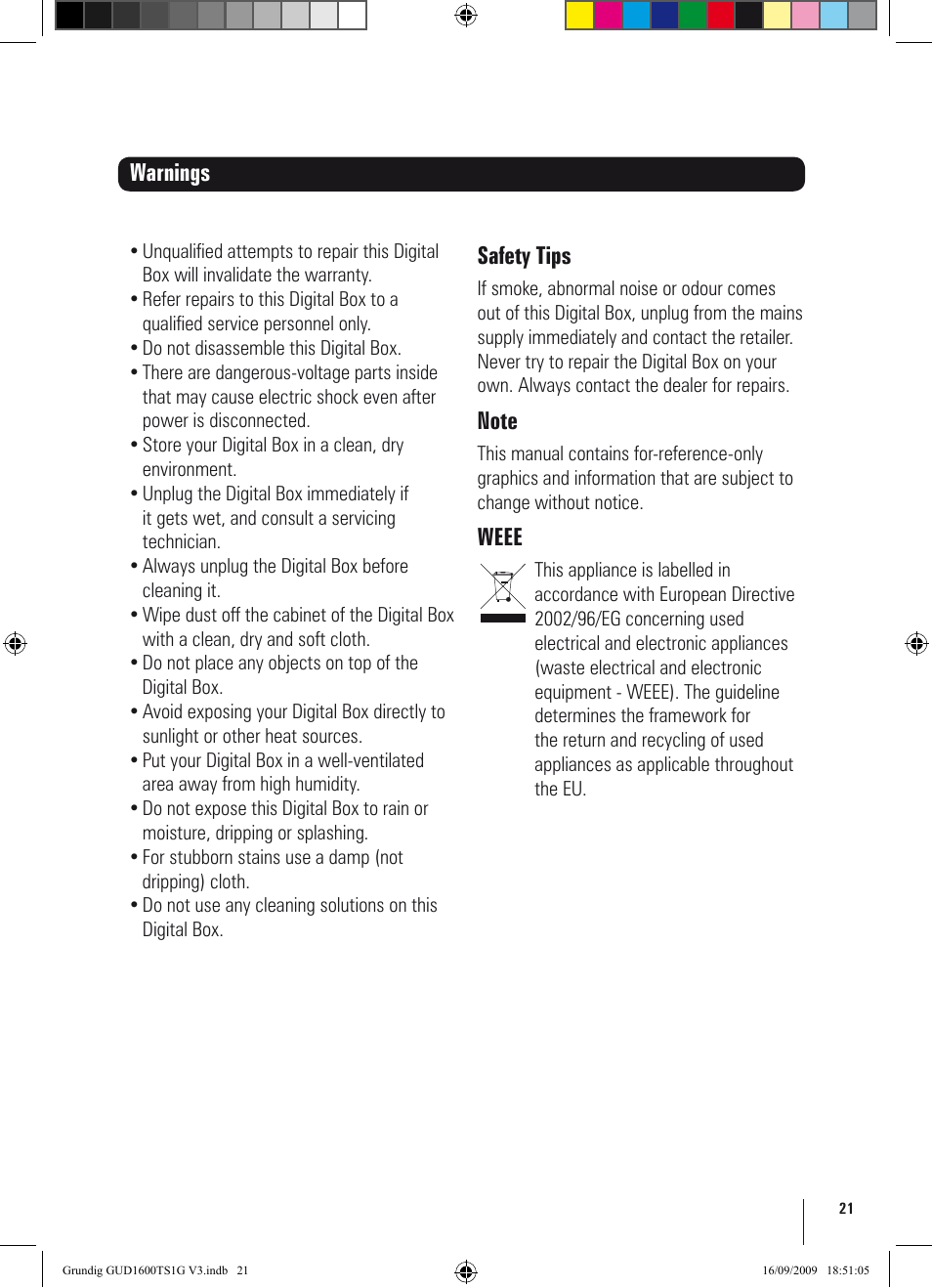 Safety tips, Weee, Warnings | Grundig GUD1600TS1G User Manual | Page 21 / 24