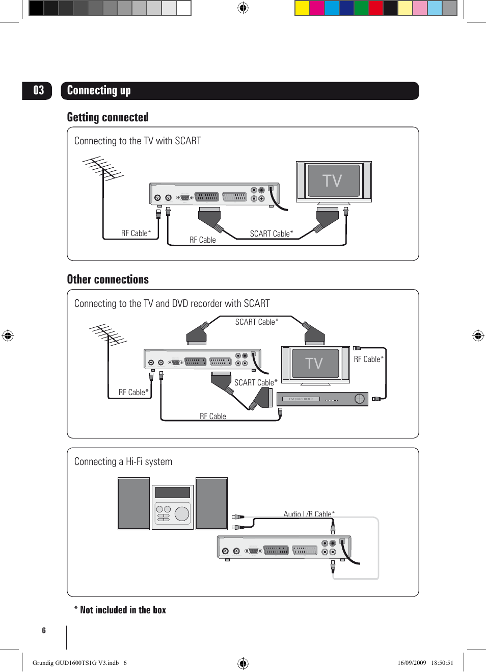 Connecting up 03, Getting connected other connections, Connecting to the tv and dvd recorder with scart | Connecting a hi-fi system, Audio l/r cable | Grundig GUD1600TS1G User Manual | Page 6 / 24