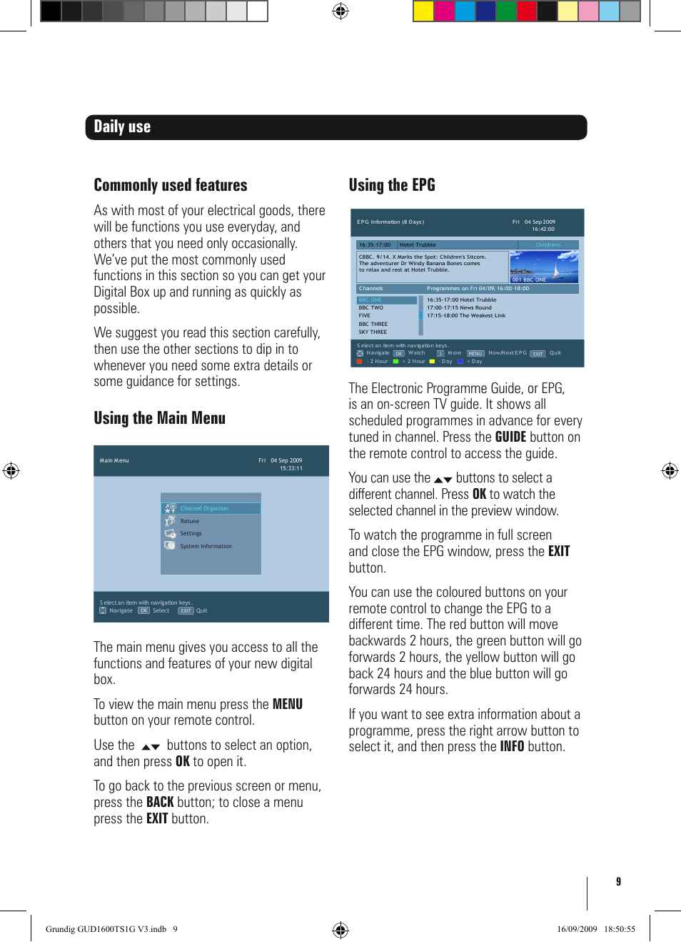 Daily use commonly used features, Using the main menu, Using the epg | Grundig GUD1600TS1G User Manual | Page 9 / 24