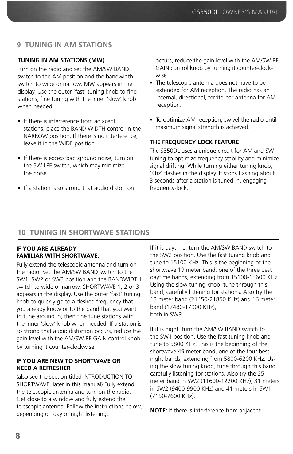 9 tuning in am stations, 10 tuning in shortwave stations | Grundig GS350DL User Manual | Page 10 / 21