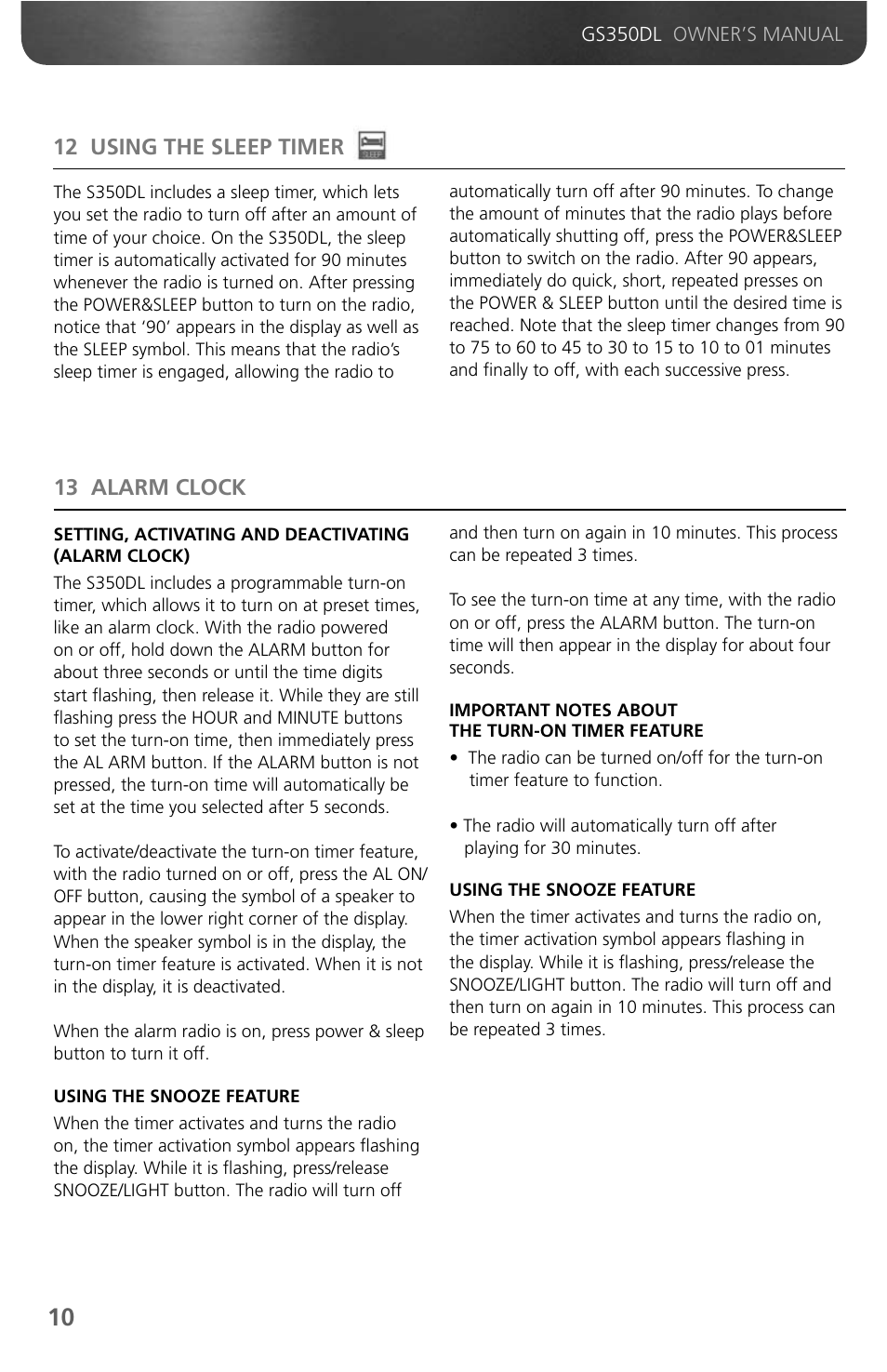 12 using the sleep timer, 13 alarm clock | Grundig GS350DL User Manual | Page 12 / 21